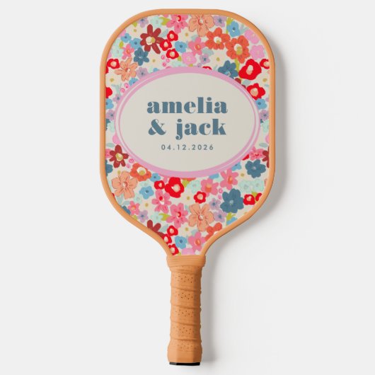 Blooming Joy Bright Floral Maximalist Wedding Pickleball Schläger (Rückseite)