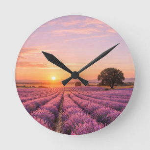 Blooming Lavender Field at Golden Sunset Provence Runde Wanduhr