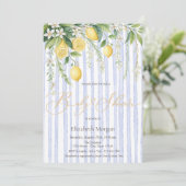 Blooming Lemons Blue Striped Baby Shower Einladung (Stehend Vorderseite)