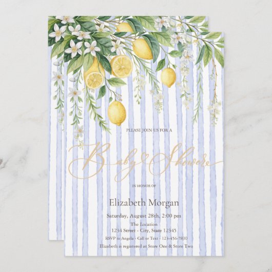 Blooming Lemons Blue Striped Baby Shower Einladung (Vorne/Hinten)