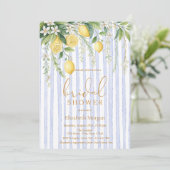  Blooming Lemons Blue Striped Bridal Shower Einladung (Stehend Vorderseite)