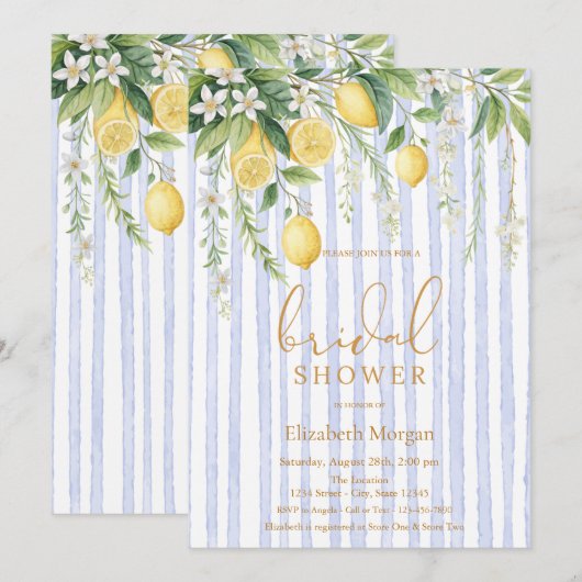  Blooming Lemons Blue Striped Bridal Shower Einladung (Vorne/Hinten)