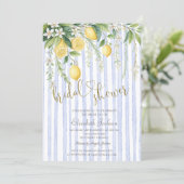  Blooming Lemons Blue Stripes Bridal Shower  Einladung (Stehend Vorderseite)