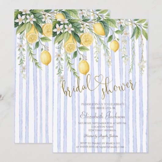  Blooming Lemons Blue Stripes Bridal Shower  Einladung (Vorne/Hinten)