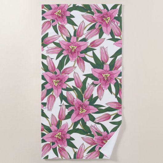 Blooming Lilies in Pastel Pink on White Strandtuch (Vorderseite)