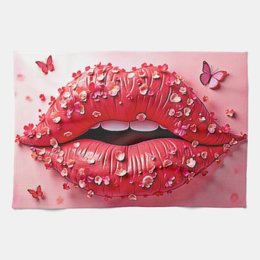Blooming Lips: Floral Butterfly Kiss Geschirrtuch (Horizontal)