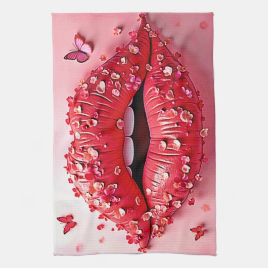 Blooming Lips: Floral Butterfly Kiss Geschirrtuch (Vertikal)