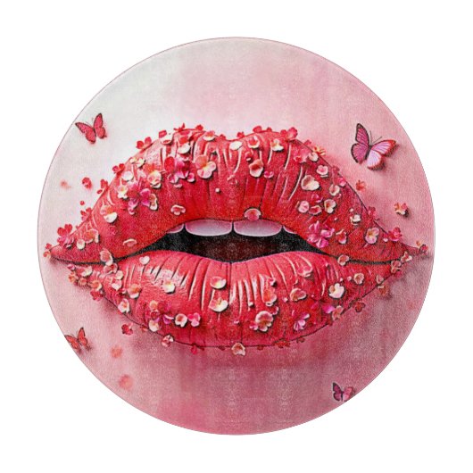 Blooming Lips: Floral Butterfly Kiss Schneidebrett (Vorderseite)