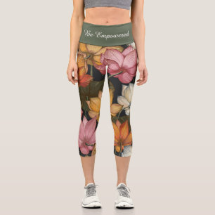 Blooming Lotus Water Lilies on Charcoal Black Capr Capri Leggings