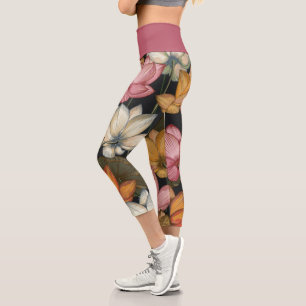 Blooming Lotus Water Lilies on Charcoal Black Capr Capri Leggings