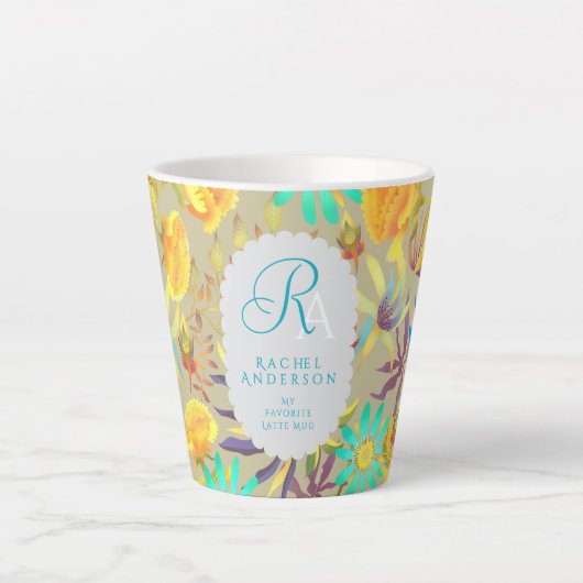 Blooming Mystical Floral Monogram Grey Latte Mug Milchtasse (Vorderseite)
