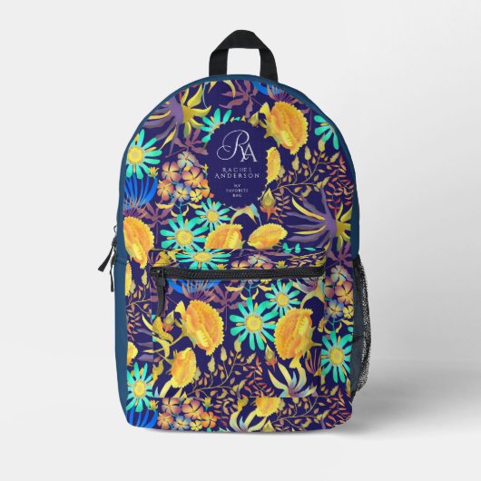 Blooming Mystical Floral Monogram Navy  Bedruckter Rucksack (Vorderseite)