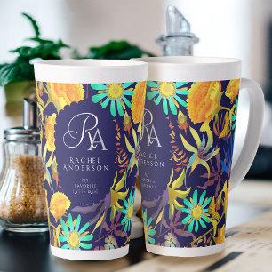 Blooming Mystical Floral Monogram Navy Latte Tasse