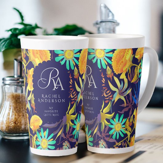 Blooming Mystical Floral Monogram Navy Latte Tasse