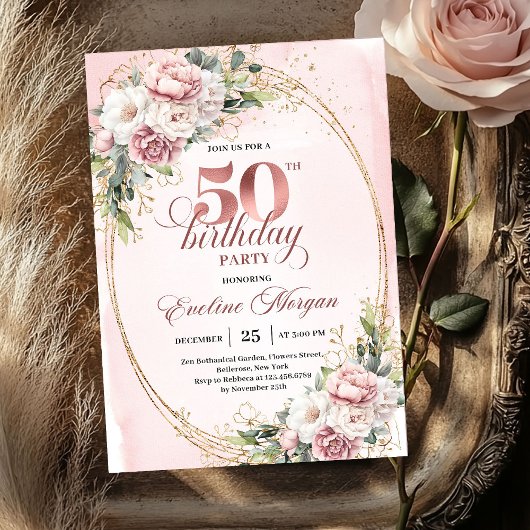 Blooming Rose Gold Eucalyptus 50th Birthday Party Einladung
