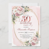 Blooming Rose Gold Eucalyptus 50th Birthday Party Einladung (Vorderseite)