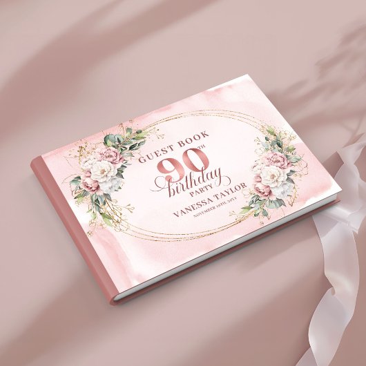 Blooming Rose Gold Floral Greenery 90th Birthday  Gästebuch