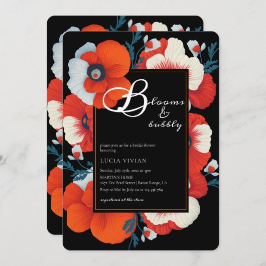 Blooms & Bubbly Bright Red Floral Brautparty Einladung (Vorne/Hinten)