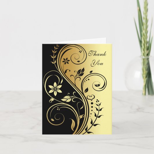 Bloral Black & Gold Scroll Hochzeit Dankeschön Kar Dankeskarte (Vorderseite)
