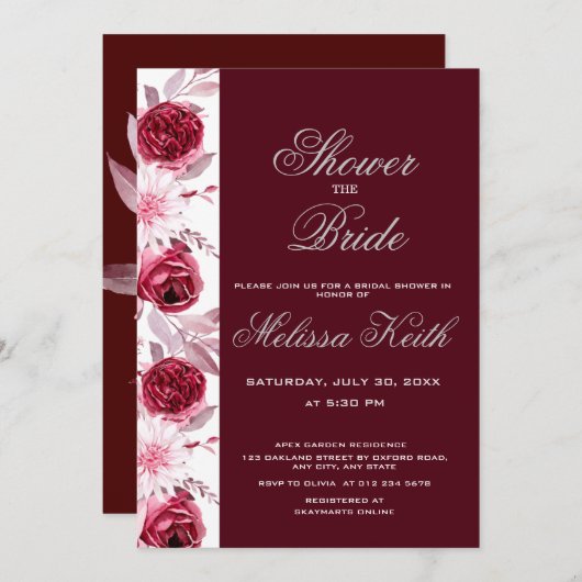 Bloral Blush Pink Burgundy Script Brautparty Einladung (Vorne/Hinten)