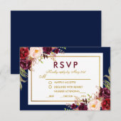 Bloral Burgundy Blue Gold Wedding RSVP Karte (Vorne/Hinten)