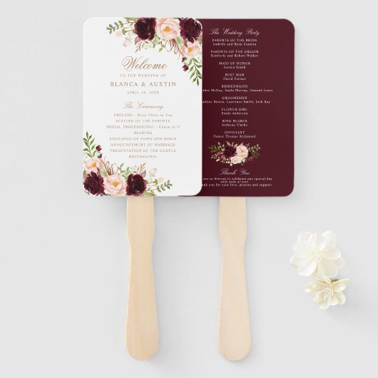 Bloral Burgundy Blush Elegantes Gold Hochzeitsprog Fächer (Vorne und Hinten)