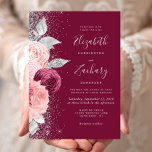 Bloral Burgundy Blush Pink Silver Glitzer Hochzeit Einladung<br><div class="desc">Die links Seite dieses eleganten,  modernen Hochzeitseinladens besticht durch ein Blumenstrauß in Bordeaux- und Rosatönen,  das mit Silberfolie aus Imitat und Imitaten Glitzer bedruckt und mit silberfarbenem Imitat-Glitzer bestreut ist. Der anpassbare Text kombiniert silbergraue Handschrift,  Copperplate und kursiv Schriftart auf bordeauxfarbenem Hintergrund. Die Rückseite weist ein passendes Blumendesign auf.</div>