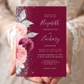 Bloral Burgundy Blush Pink Silver Glitzer Hochzeit Einladung