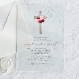 Bloral Burgundy Blush Silver Cross Girl Taufe Acryleinladungen