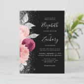 Bloral Burgundy Blush Silver Glitzer Black Wedding Einladung (Stehend Vorderseite)