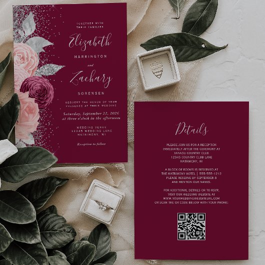 Bloral Burgundy Blush Silver QR Code Hochzeit Einladung