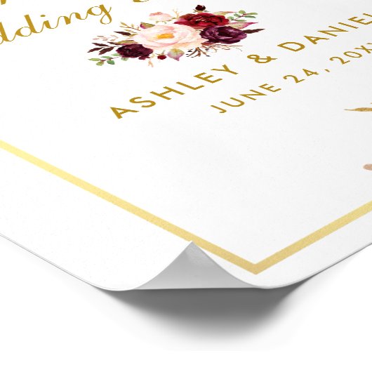 Bloral Burgundy Gold Wedding Custom Poster (Ecke)