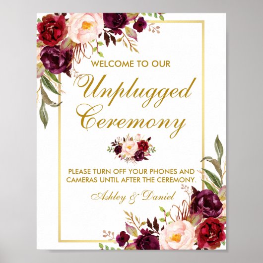 Bloral Burgundy Gold Wedding Zeremony Unplugged Poster (Vorne)