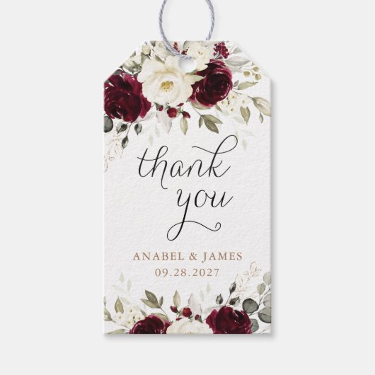 Bloral Burgundy White Greenerity Gold Wedding Geschenkanhänger (Vorderseite)