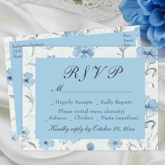 Bloral Dusty Blue Country Garden Wedding RSVP Card Einladungspostkarte