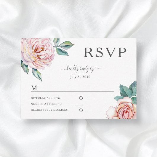 Bloral Dusty Rose Blush Pink Peonies Wedding RSVP Karte