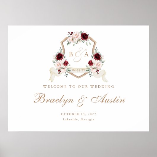Bloral Elegant Blush Burgundy Wappen Begrüßungszei Poster (Vorne)