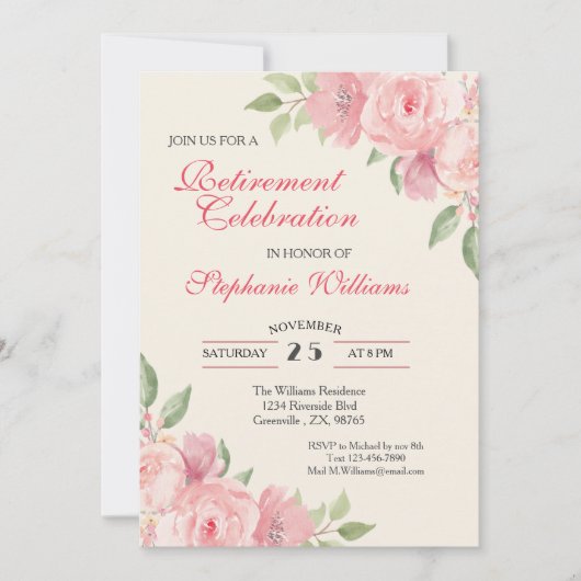 Bloral Elegante Rose für Frauenruhestand Einladung (Vorderseite)