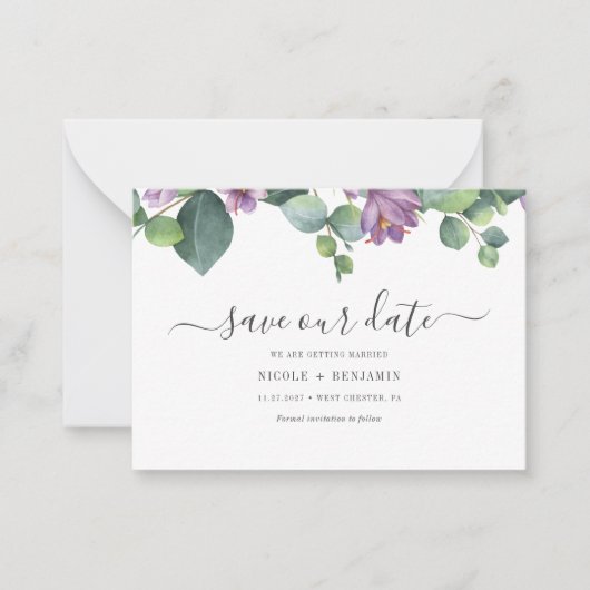 Bloral Eukalyptus Script Greenery Save the Date Mitteilungskarte (Vorderseite)