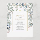 Bloral Foliage Gold Cross Taufen Christening Einladungspostkarte (Vorderseite)