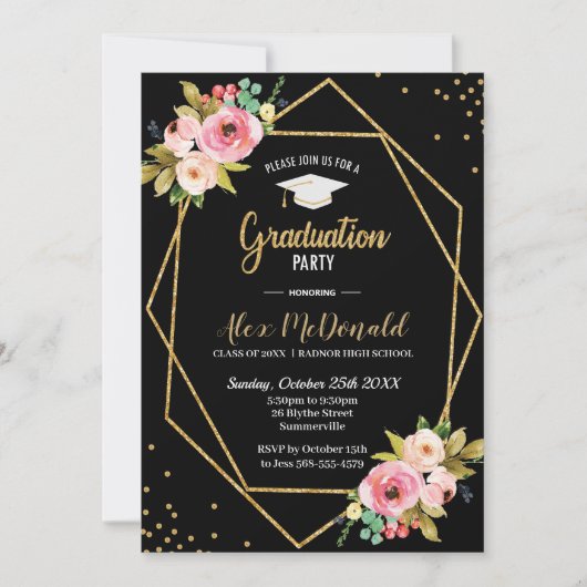 Bloral Geometric Black and Gold Graduation Party Einladung (Vorderseite)