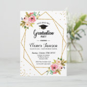 Bloral Geometric Gold Glitzer Graduation Party Einladung (Stehend Vorderseite)