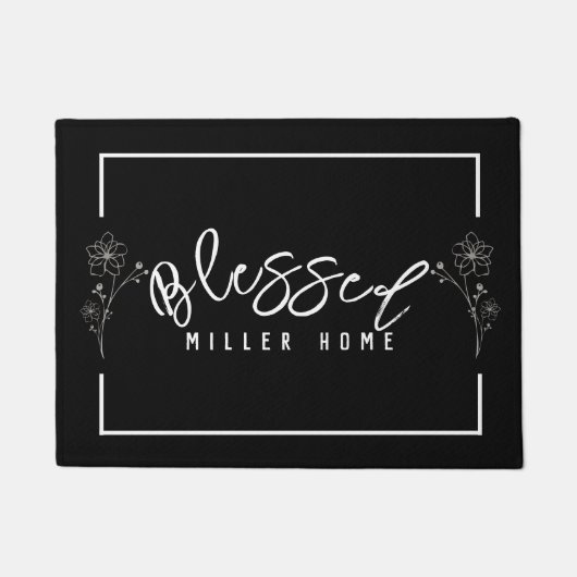 Bloral gesegnete Zuhause-Familienname Schwarz-weiß Fußmatte (Vorderseite)