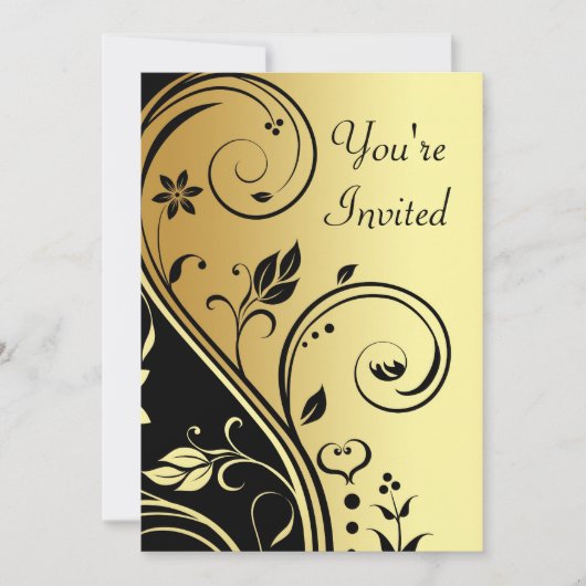 Bloral Gold & Black Scroll Jedem Anlass Einladung (Vorderseite)