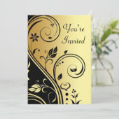 Bloral Gold & Black Scroll Jedem Anlass Einladung (Stehend Vorderseite)