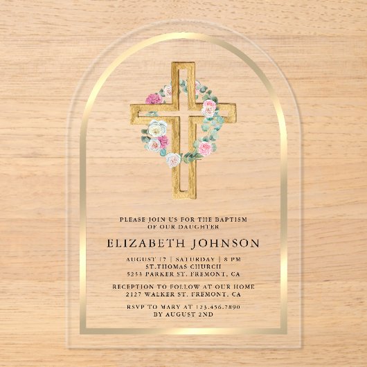 Bloral Gold Eukalyptus Wood Cross Arch Taufe Acryleinladungen (Vorderseite)