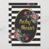 Bloral Gold Foil Babydusche Schwarz-weiße Streifen Einladung (Vorne/Hinten)