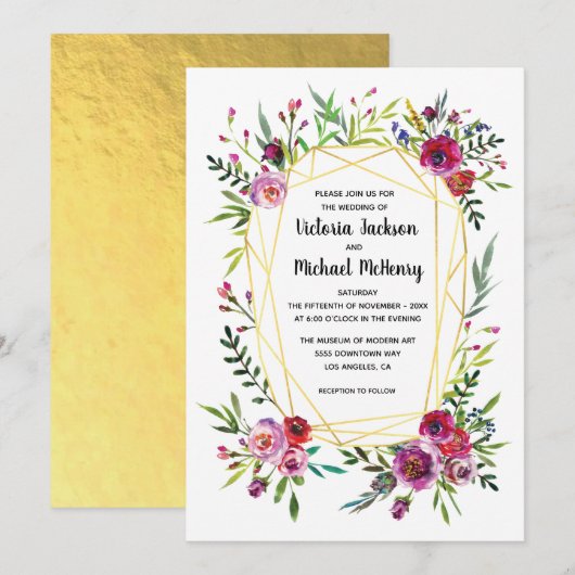 Bloral Gold Geometric Crystal Wedding Einladung (Vorne/Hinten)