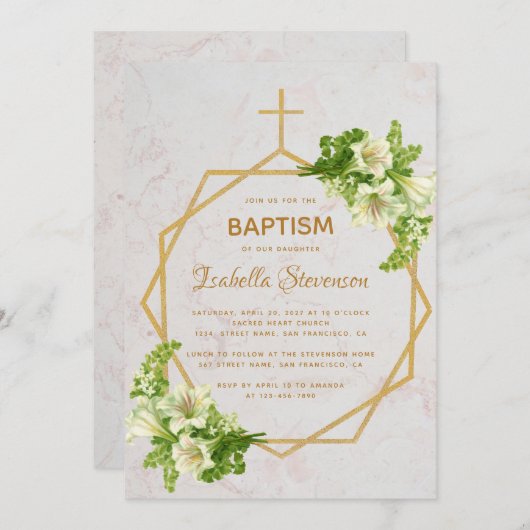 Bloral Gold White Lilies Marble Geometric Baptisc Einladung (Vorne/Hinten)