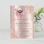 Bloral Grad Cap Rose Gold Glitzer Tropfen Einladung (Stehend Vorderseite)